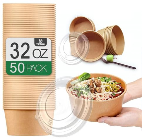 TOPtoper 50 Pcs 32 Oz Large Paper Bowls with Lids, Disposable Soup Serving Bowls Bulk Party Supplies for Hot/Cold Food, Soup (32 OZ)