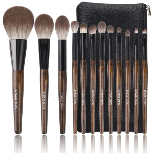 ENZO KEN Natural Goat Hair Makeup Brush Set with Case, Makeup Brushes Set Professional, Natural Bristle Makeup Brushes, Walnut Cosmetic Brush - MONI