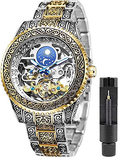 FANMIS Montre-bracelet de luxe pour homme - Motif tatouage unique - Bracelet en acier inoxydable sculpté - Montre squelette automatique lumineuse