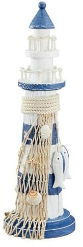 MACOSA CP90541 Deko-Leuchtturm Holz zum aufstellen Blau Weiß maritim Badezimmer-Dekoration Dekofigur mit Muscheln Baddeko Fischernetz Nautisch Bad Deko
