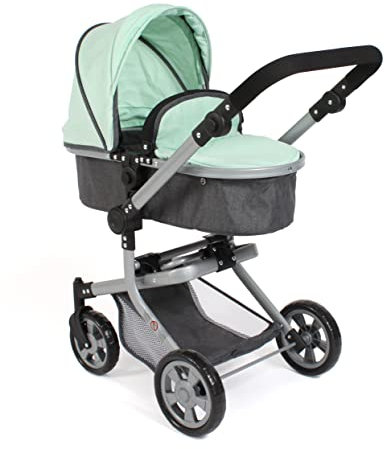 Bayer Chic 2000® 2in1 Puppenwagen Mika – Melange Mint – faltbar – höhenverstellbarer Griff 47-80 cm – modernes Gestell – Puppen bis 52 cm – 4-8 J.