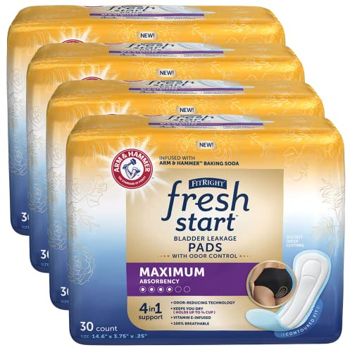 FitRight Fresh Start Postpartum and Incontinence Pads for Women, Maximum Absorbency (120 Count) Bladder Leakage Pads with The Odor-Control Power of ARM & Hammer (30 Count, Pack of 4)