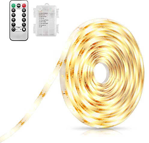 AMIR LED Streifen Batterie 5 Meter LED Strip Batteriebetrieben, Warmweiß | Dimmbar 150 LEDs Band Selbstklebend, Timer, 8 Modi, Fernbedienung, Schneidbar Lichtband für Küche Schlafzimmer Deko