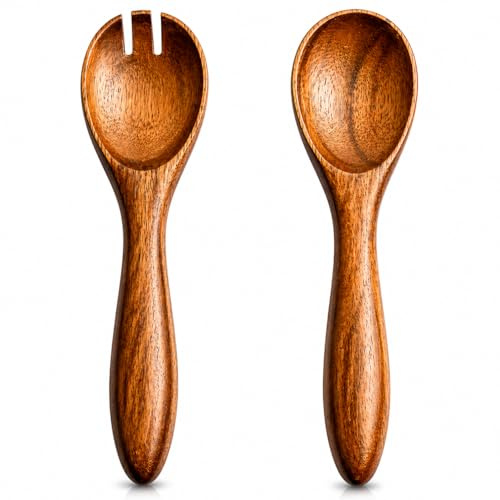 15 cms Acacia Wood Salad Server Set Wooden Mixing Tongs Dinner Fork & Spoon Serving Utensils for Tossing Salad Handmade Cookware Salad Cooking Utensils & Accessories for Kitchen, Natural Brown