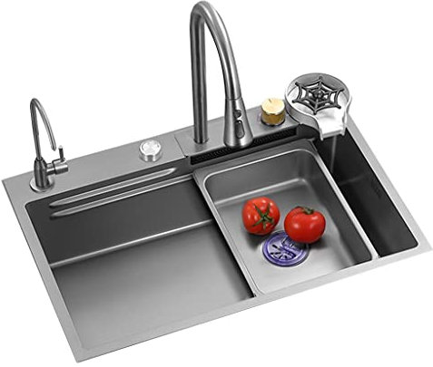 Évier en Acier Inoxydable à cuve Unique pour Bar de Cuisine Ménage Lavabo à légumes de Grande capacité Évier intégré à l'hôtel Évier à Siphon avec Robinet de pompage Sortie Cascade (Couleur