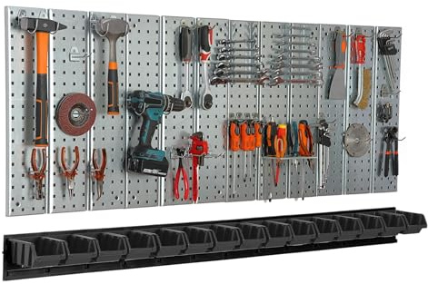 botle Werkzeugwand Metall 156x72 cm Lagersystem mit Werkzeughaltern Werkzeughaken und 15 Stapelboxen 100 x 150 x 70 mm Farbe: schwarz Lochbrett Werkstatt Garage Steckbrett Elektrowerkzeuge Lochwand