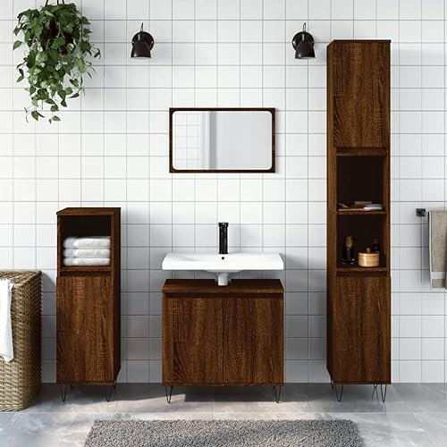 Homgoday Badschrank mit viel Stauraum Badezimmerschrank Aufbewahrungsschrank Badezimmer Badregal Badmöbel Schrank für Bad Wohnzimmer Flur Braun Eichen-Optik Holzwerkstoff 58x33x60 cm