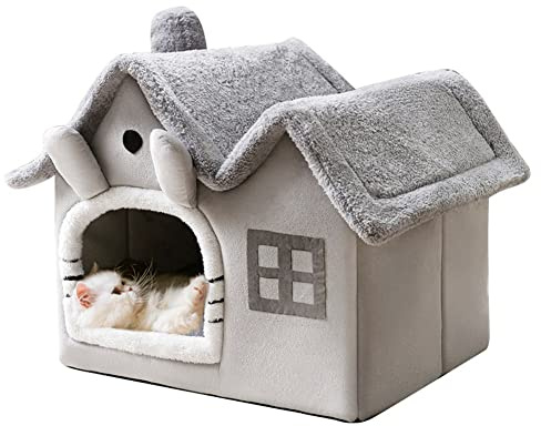 Luxury Double Roof Indoor Dog House Cat Nest,Foldable Warm Soft Kennel,30D High Elastic Memory Sponge,Removable Cushion and Non-Slip Bottom (Grey Double Roof, M)