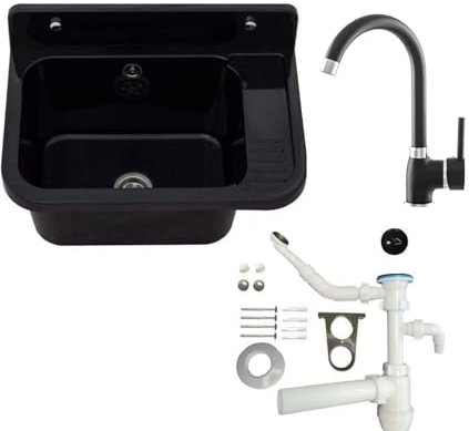 Faizee Möbel VIGO Becken 50x43 cm Hochwertige Montierbare Ausgussbecken Spüle Eckig Einbaubecken Kunststoff Waschtrog Spülbecken mit Abtropffläche inkl. Siphon-Set