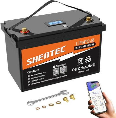 Shentec LiFePO4 150Ah Bluetooth Lithium Batterie Eingebauter 150A BMS, Deep Cycle Lithium Batterie, 8000+ Zyklen, für Wohnmobil, Solar Trailer, Boot und Camping,Mit LED-Anzeige, Drucktastenschalter