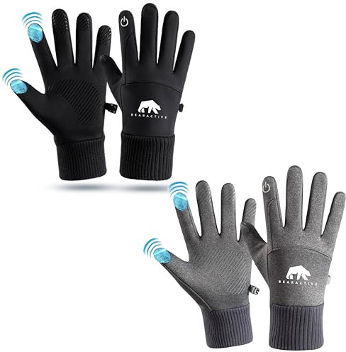 Bearactive 2X Wasserdichte Winterhandschuhe für kaltes Wetter mit warmem Futter, Touchscreen-Handschuhe, rutschfeste Handschuhe, winddichte Laufhandschuhe für Herren & Laufhandschuhe für Damen, Grau &