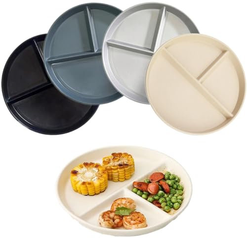 NOZVYCI 23CM Set di 4 Piatti da Tavola Infrangibile con 3 Scomparti Piastra Divisoria Sicura per Microonde e Lavastoviglie Piastra Separata Dieta Divisi Piatto per Adulti Bambini(Nero + Grigio)