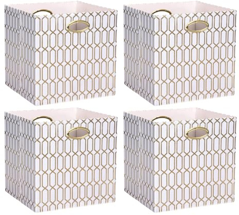 ArcaGuru Storage Cube Bins, Collapsible Storage Bins Fabric Storage Cubes Organizer Baskets Box Drawers for Shelves, Closet, Wardrobe, Bookshelf, Cabinet, 33 x 33 x 33cm, 4 Pack, White/Shiny Gold