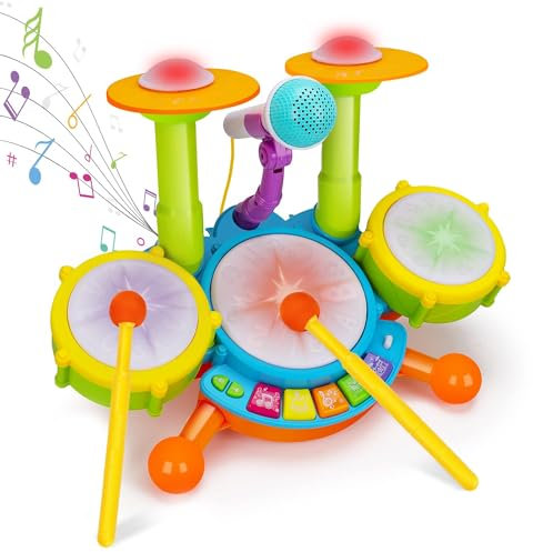 5 in 1 Trommel Schlagzeug Musikinstrumente Kinder, mit 2 Trommelstöcken Mikrofone Klaviertastatur, Baby Montessori Musikspielzeug für Kinder ab 1 2 3 Jahr, Geschenk für Jungen Mädchen