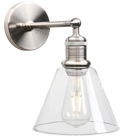 JIMUBEAM Applique da parete regolabile vintage con paralume in vetro a imbuto trasparente, lampada da parete per interni industriali per comodino Soggiorno da bagno sopra il lavello della cucina