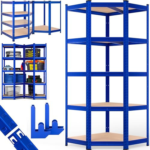 Monzana® Corner Shelving Unit | Heavy-Duty Steel Construction | Adjustable Shelves | Rubber Protectors | Space-Saving Design | Easy Assembly | Garage, Workshop, Basement Organiser | Blue