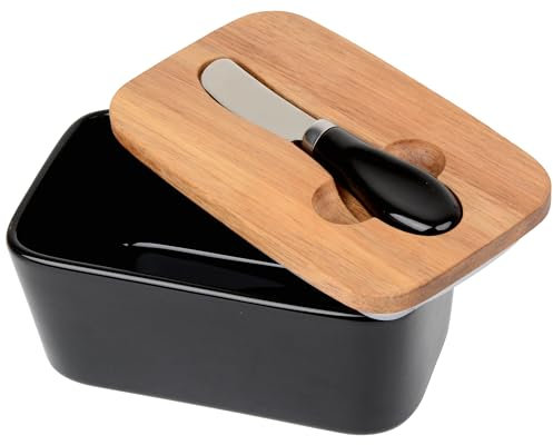 GMYIAK Butterdose mit Holzdeckel, Multi-Funktion Butter Dish, Porzellanbutterbehälter mit luftdichtem Verschlussdeckel und Edelstahl-Buttermesser, Dekoration und Zubehör für die Küche (Schwarz)