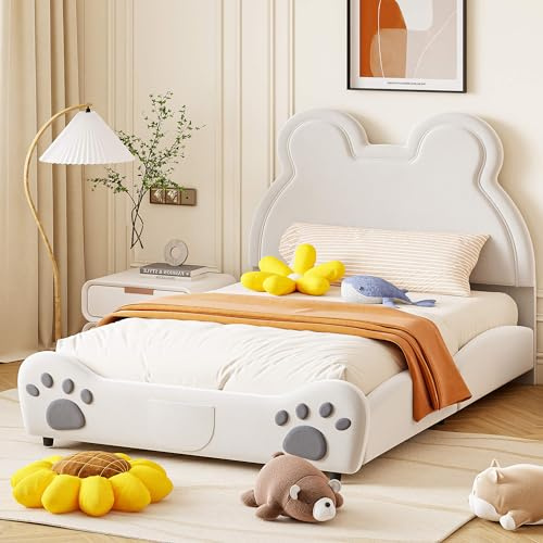 MQGPM Cama tapizada para niños y niñas, 140 x 200 cm, con cabecero en forma de oso, cama doble con somieres para niños y niñas, cama de suelo con protección anticaídas, color blanco