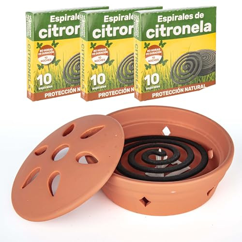 Espirales de Incienso citronela Ceramica con Soporte Quemador Terracota Uso Interior y Exterior antimosquitos 32 Unidades, 7 Horas de Combustible, Ideal para terrazas, Jardin