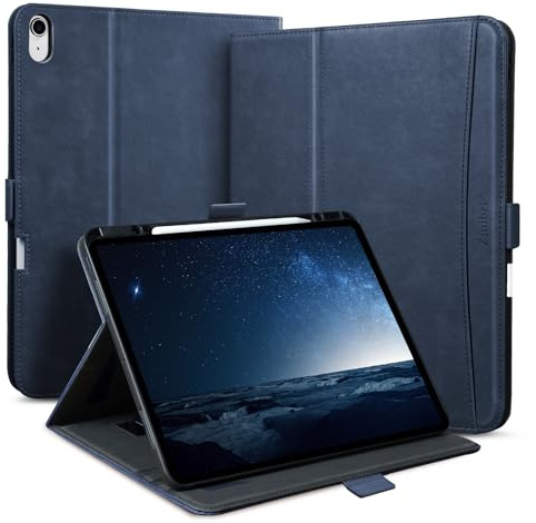 Zinibri Coque pour iPad Air 11 M4/M3/M2 & iPad Air 5/4 Gén,Bleu Foncé | Cuir Vegan, Porte-Stylet, Sangle de Main, Poche, Housse Protection, Fermeture Magnétique, Support, Veille/Réveil Auto