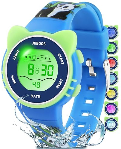Juboos Kinder Digitaluhren Jungen Mädchen,7 Farben LED-Licht,30M Wasserdicht, mit Alarm,Stoppuhr Outdoor Armbanduhr für Kinder 5-16 Jahre (Blau-Grün)
