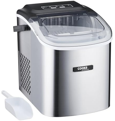 Cooks Professional 12KG Ice Maker Machine with Scoop | Countertop Ice Cube Maker for Home, Kitchen, Bar | Large Capacity 1.3L Water Tank | Quick & Easy with 2 Ice Size Options | No Plumbing | Silver