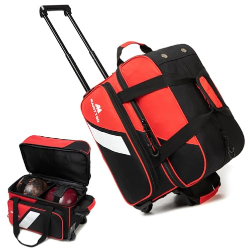 MARITTON Bowling Bag with Wheels Double Roller 2 Ball Bowling Separate Shoe Compartment and Oversized Accessory Pocket, 36.6 Extendable Handle. (RED)