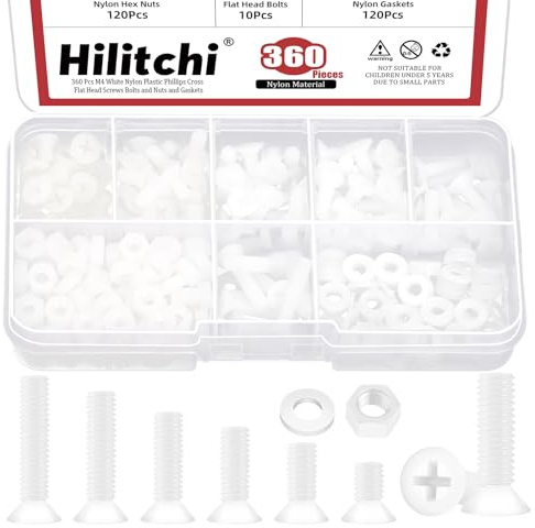 Hilitchi 360PCS 6 Sizes White Nylon Countersunk Head Bolt Machine Screw M4 x 6/8/10/12/15/20MM Nylon Cross Pan Head Machines Screws Pan Head Machine Screws Nut Washer for Fastening