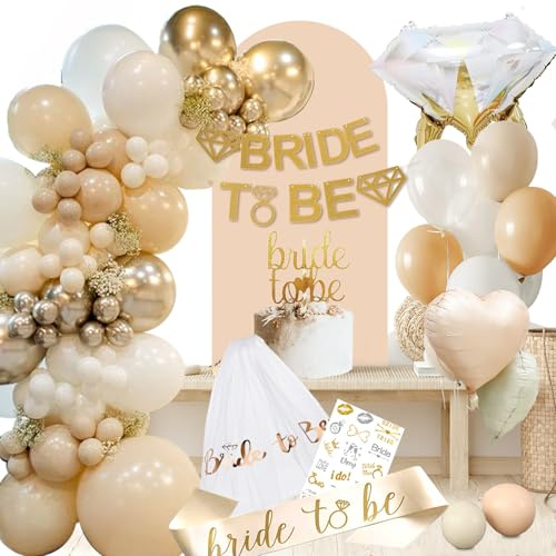 Bride To Be Deko, JGA Deko Frauen Beige, Junggesellinnenabschied Accessoires Frauen, JGA Party Luftballons, Bride to Be Banner Schärpe Schleier, Diamant Ring Ballon für Brautparty Deko Geburtstag