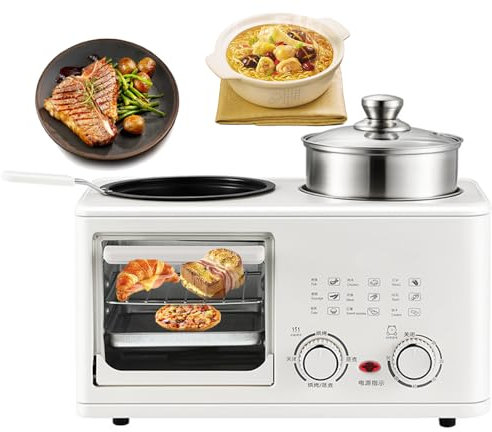 Estación para Hacer Desayuno 4 en 1, máquina de Desayuno Multifuncional de 8 litros con Horno, sartén y vaporera, Perilla de Temporizador de 0-60 Minutos, máquina para Hacer Desayuno eléctrica