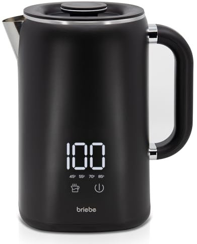 briebe eBoil Hervidor Agua Eléctrico 1,7L Regulador de Temperatura Digital 45°C a 100°C Función Keep Warm, 1500W, Interior Acero Inox, Libre de BPA, Base de 360°, Controlador Strix, Negro