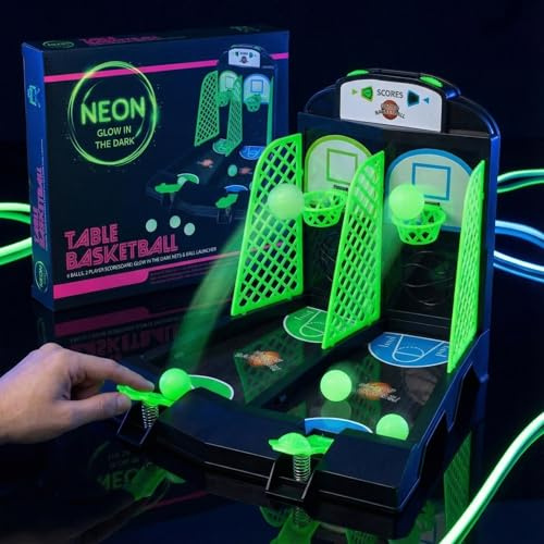 MIJOMA Basketball Tischspiel – Leuchtendes Arcade-Spiel für 2 Spieler – Glow-in-The-Dark Basketball-Set mit 6 Bällen – Geschicklichkeitsspiel für Kinder & Erwachsene