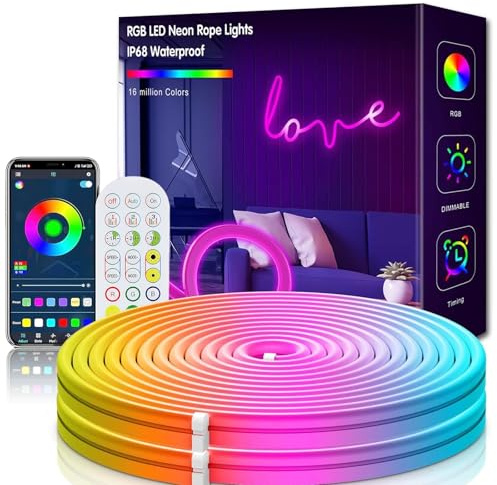RGB Neon Streifen 5m, 24V Neon Led strip, Silikon Light band Flexible mit APP/Fernbedienung, IP67 Wasserdicht Musiksynchronisierung Streifen für Home Dekoration Beleuchtung (5M)
