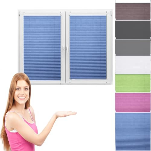 Day and Night Rollo 85 x 140 cm Modernes Design Plissee Fenstervorhang für Fenstertüren Blau Einfache Montage ohne Bohren Rollo mit Verdunkelungsfunktion