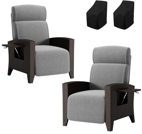 haiorjun Gray Rattansessel 2tlg, Liegesessel Garten mit Verstellbare Rückenlehne und Klappbare Tischplatte, Ergonomische Rattan Relaxliege Garten mit Dicke Sitzkissen und Abdeckung