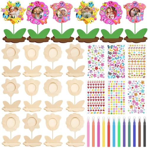 12 Stück DIY Bastelset Kinder,Muttertag Fotorahmen mit Blumen,Muttertag FotorahmenBastelei mit Aquarellstift&Edelsteinaufkleber,Muttertagsgeschenk Holzbasteln fürAktivitäten im Klassenzimmer (Beige)