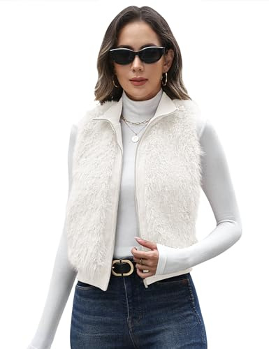 FIOPHY Womens Faux Fur Vest Lapel Collar Sleeveless Zip Up Cardigan Vest Top Fuzzy Coats Jacket Fluffy Outwear with Pockets - White S