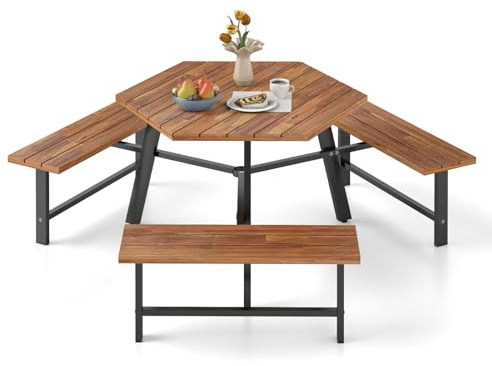 COSTWAY Picknicktisch Set für 6 Personen, Gartentisch aus Akazienholz mit Schirmloch & 3 Bänken, Terrassenmöbel, Gartenmöbel, Sitzgruppe, Sitzgarnitur für Garten, Terrasse