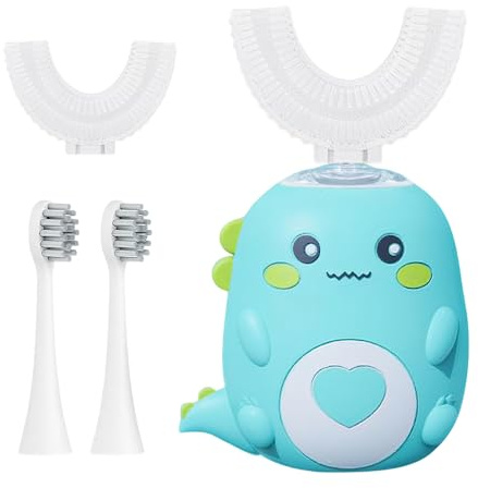Jonuin Spazzolino Elettrico a Forma di U per Bambini, Spazzolino Sonico con 2 Testine a Forma di U in Silicone e 2 Testine Morbide, 360º, Design a Dinosauro, per Bambini e Bambine Dai 2 ai 12 Anni