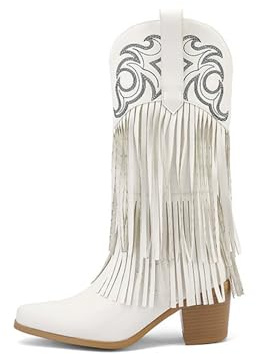 Stivali Western da Cowgirl Ricamati Vintage per Donne - Stivali Moda Autunnali Invernali con Tacco a Blocco Chunky, per Festival, Serata Romantica,Bianca,34 EU