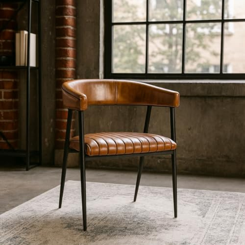 Elm home and garden Genuine Real Leather Dining Chair with Black Metal Frame – Ribbed Tan Seat and Curved Back – 76×56×59 cm with 47 cm Seat Height