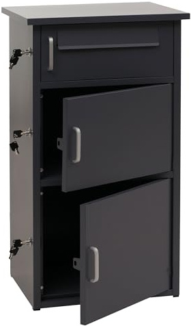 PROREGAL Paketkasten mit 3 Fächern HxBxT 89x49x38cm Stahl Dunkelgrau Paketbox Paketfach Paketstation Briefkasten draußen groß XXL freistehend Schlüssel integrierte Rückholsperre