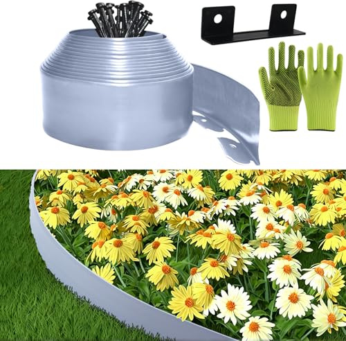 Bordura Giardino Plastica, Recinzione Giardino Esterno 10cmx10m, Include 30 punte di ancoraggio e 1 connettori, con un paio di guanti, Recinzione Decorativa per Giardino (Argento, 10cmx10m)