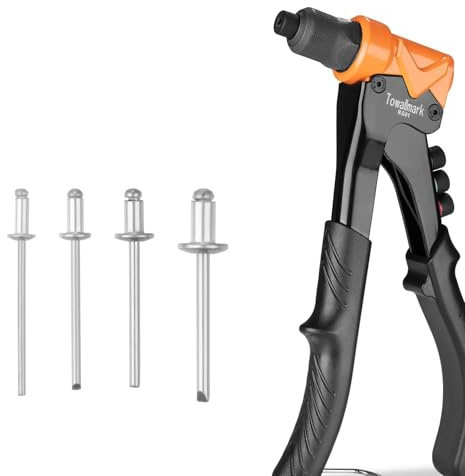 4-in-1 Heavy Duty Pop Rivet Gun Kit, 200pcs Rivets, 4 Quick-Change Nosepieces (3/32,1/8,5/32,3/16), Ergonomic Anti-Slip Grip, Professional Hand Riveter for Metal/Automotive/DIY/Workshop/Home