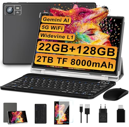 2026 Tablette 10 Pouces Android Octa Core avec 22Go RAM + 128Go ROM (2To TF) | 5G + 2.4G WiFi | FHD | GMS | Bluetooth 5.0 | 8MP + 5MP | Type C, Tablette Tactile avec étui, Clavier et Souris -Noir