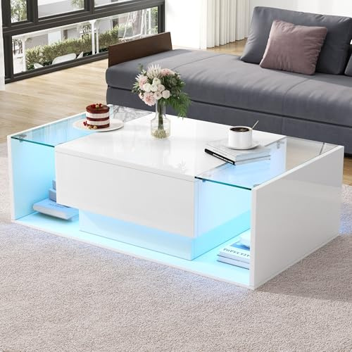FammyLoft High Gloss Coffee Table with LED Lights and Glass Tabletop, Centre Table with Open Storage and One Drawer, Sofa Side Tables, Tea Tables for Living Room, Office, White