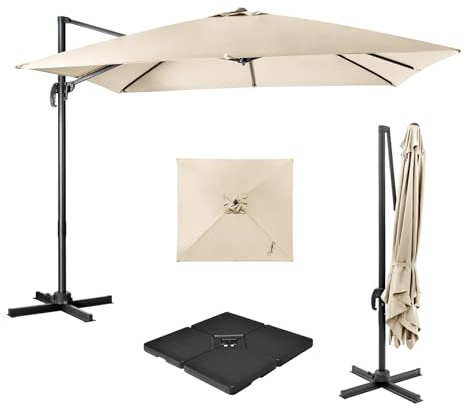 COSTWAY Parasol de Jardin Extérieur avec Pied, Base 4 Plaques, Parasol Déporté Carré 3x3M à Manivelle, Inclinable et Rotation à 360°, Anti-UV, 8 Baleines, pour Terrasse, Patio, Balcon, Beige
