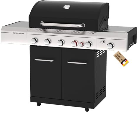 Megamaster 5B Lux Gasgrill I 5 +1 Brenner Gas Grill 26KW mit Turbobrenner, Seitenkocher und Keramik-Backburner I Grillwagen mit Grillthermometer und Edelstahl-Rost I Gasgriller mit Powerbrenner 4,4KW