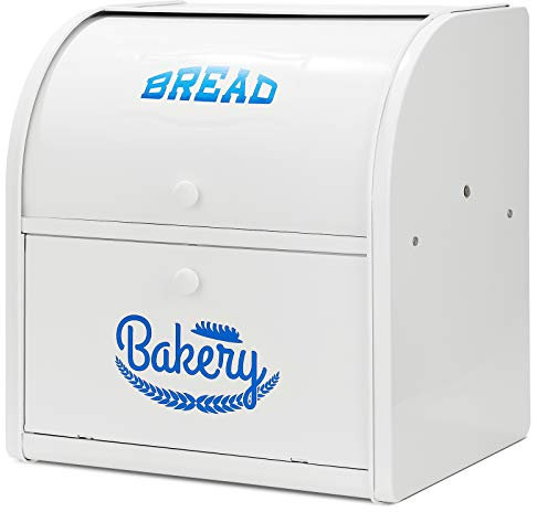 Hossejoy Metal Bread Box, Double Compartment Roll Top Countertop Bread Storage, Bread Bin Container Holder, Double Layer Breadbox Holds for your Kitchen Counter（White）