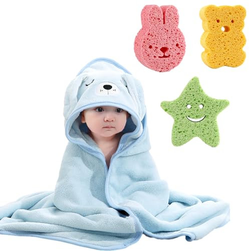 Asciugamani da Bagno Neonati con 3 Spugne da Doccia, Asciugamano con Cappuccio Extra Morbido per Bambino Piccoli, Accappatoio Super Assorbente con Simpatico Orecchie per Neonato 0-3 Anni (Cucciolo)